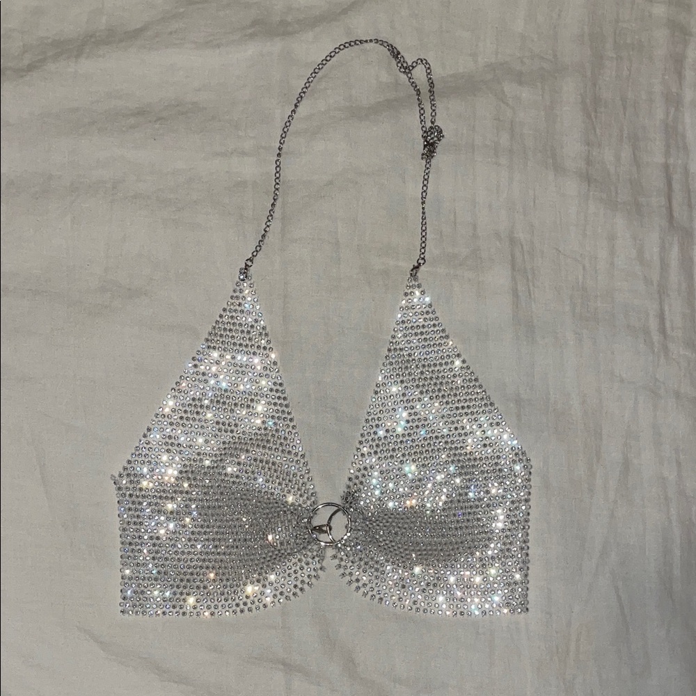 Sparkling Silver Rhinestone Halter Top